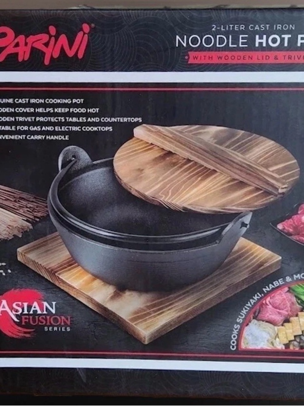 Parini 2L Cast Iron Hot Pot w/ Wooden Lid & Trivet, Handle Gas/Electric